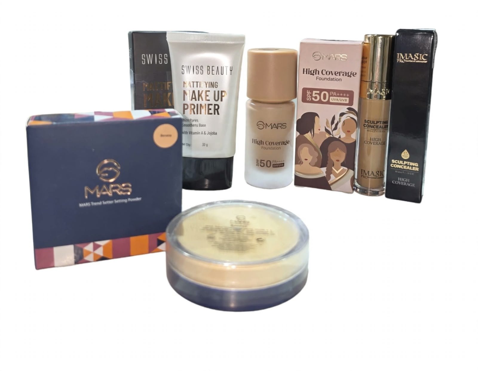MARS x Swiss Beauty x IMAGIC 4-in-1 Flawless HD Base Combo | Primer + Foundation + Concealer + Loose Powder